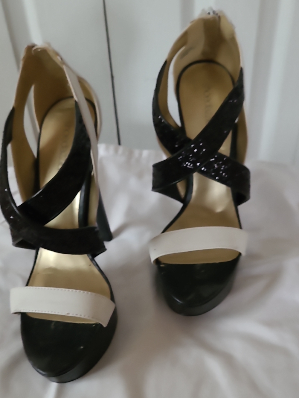 Shoe Dazzle Black and White Crisscross High Heel Sandals